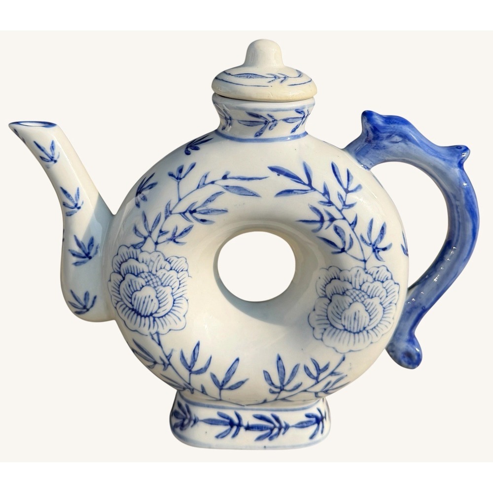 Vintage Blue White Chinese Donut Teapot Dragon Handle Chinoiserie Ring Pot 7"